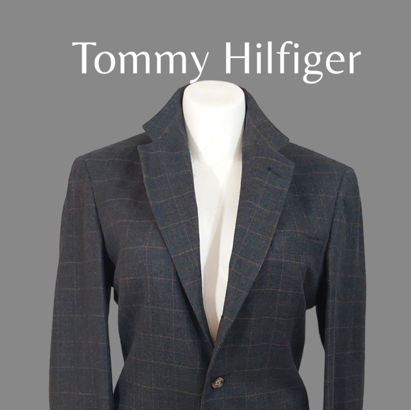 TOMMY HILFIGER mens sport coat DARK GRAY+ RUST Window pane PLAID CLASSIC FIT 40L - Picture 6 of 11